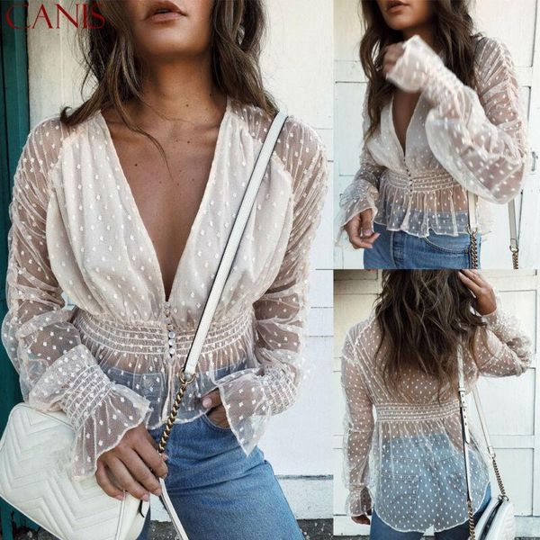 

womens deep v neck fashion see-through mesh sheer shirts polka dots long sleeve clubwear casual blouse1, White