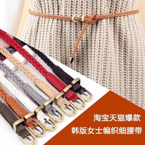 

pin buckle braided thin belt for dress fashion wild waistband various colors 1cm hand made simple vintage casual waist rope p31, Black;brown