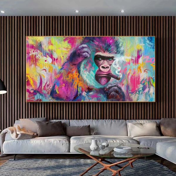 Abstrato fumar macaco cartaz graffiti animal imprime lona pintura de parede arte para sala de estar moderno decoração home gorilla