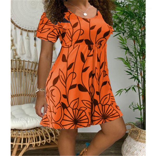 

loose casual high waist dress ladies slim short sleeve dress summer fashion trend leaf pattern round neck dresses designer female, Black;gray