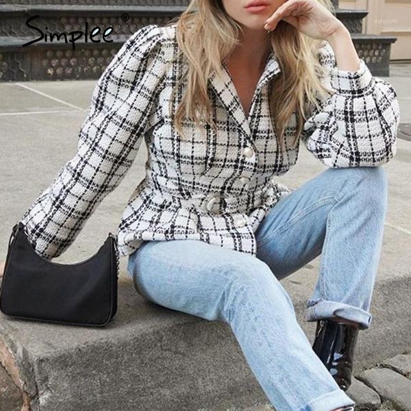 

simplee commute suit collar single-breasted women blazer coat autumn winter plaid tweed female blazer office lady jacket1, White;black