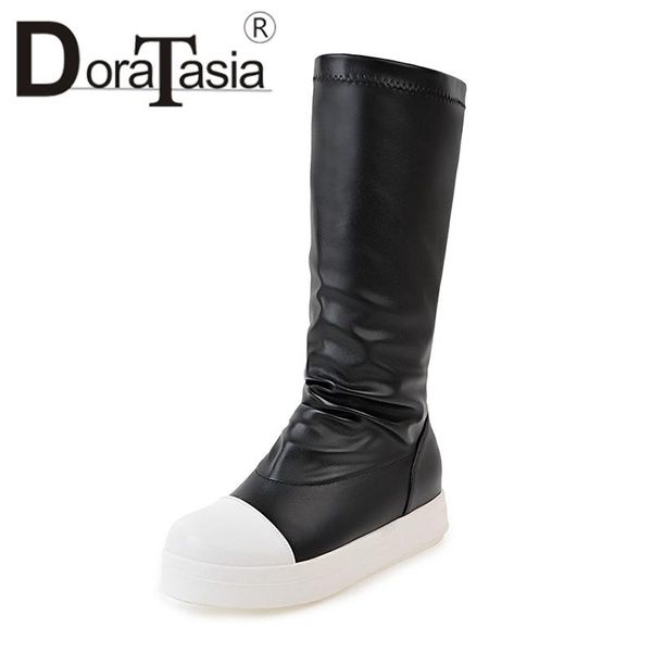 

boots doratasia large size 34-42 add fur flat heels thick bottom slip on women shoes autumn winter mixed color girls mid calf, Black
