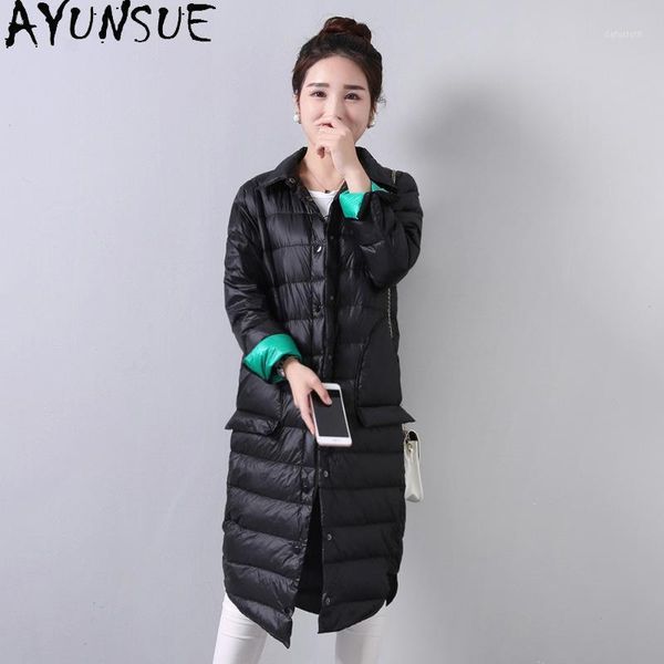 

ayunsue women's down jacket long woman coat autumn winter ultra light duck down jackets for women parkas mujer chaqueta kj56661, Black