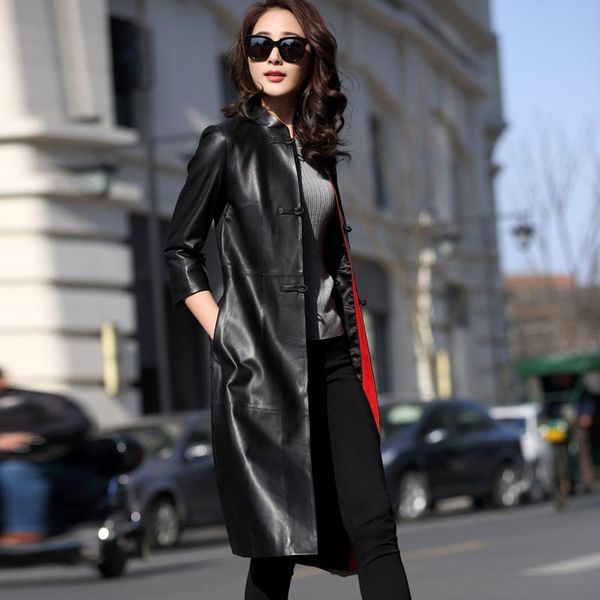 

women's trench coats 2021 spring fashion slim split elegant genuine leather windbreaker ladies single breasted sheepskin coat outwear, Tan;black