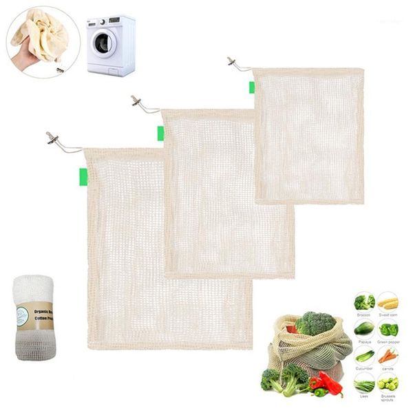 

hanging baskets 3pcs reusable cotton vegetable bags home kitchen fruit and storage mesh with drawstring machine washable1