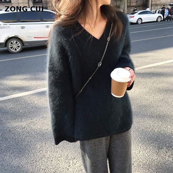 

women's sweaters 2021 mohair medium length sweater elegant fashion v-neck loose oversize raccoon fleece pullover winter warm, White;black