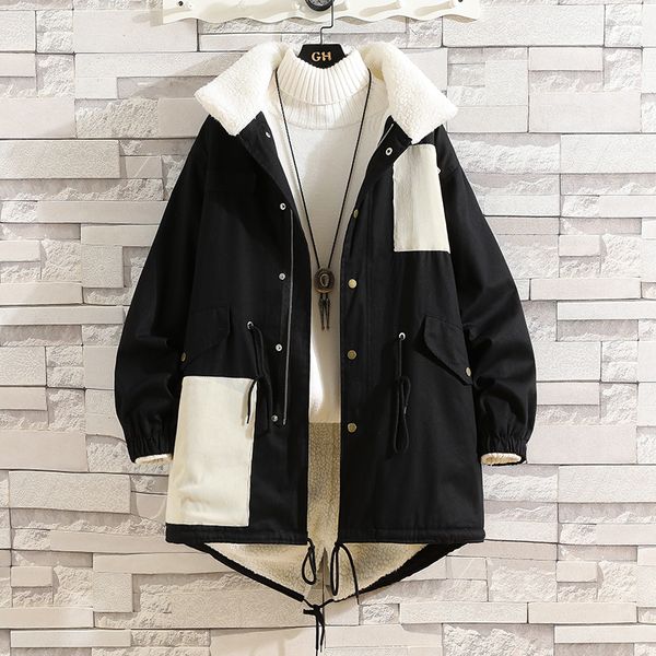 

winter thickening army coat men's mid-length tooling cotton coat big padded jacket tide brand loose lamb wholesale, Black