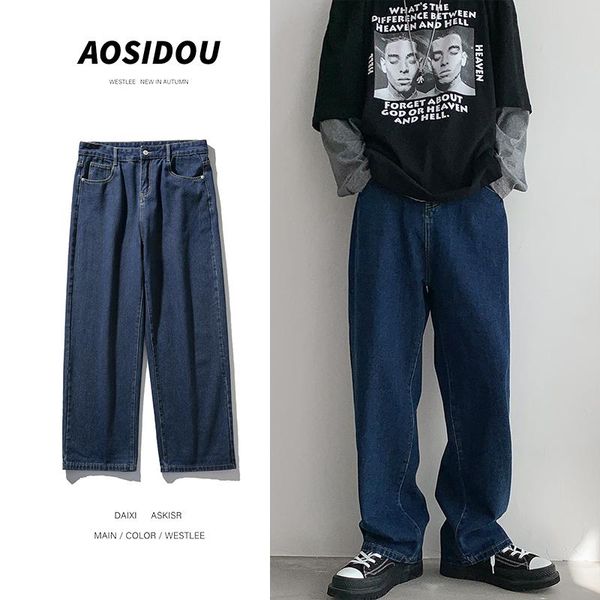

2020 kpop hip hop black jeans korean style loose casual denim trousers streetwear fashion harajuku straight pants men clothing, Blue
