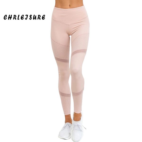 CHRLEISURE Work Out Leggings rosa Donna Primavera alla caviglia Softe Mesh Legging Cuciture Hollow Slim Push Up Legging da donna T200103