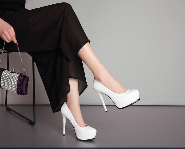 

leather super high heels waterproof platform women's shoes black high heel 13cm wedding shoes shallow mouth single shoes