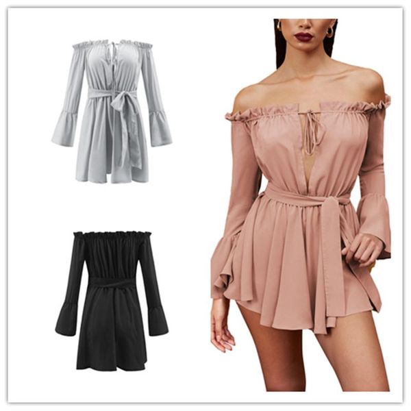 

pd women flared sleeve dress, off shoulder backless chest hollow bow tie decoration summer clothing, Black;gray