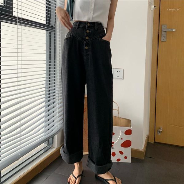 

high waist multi-button loose straight jeans casual female denim pants for women korean all-match solid color long trousers1, Blue