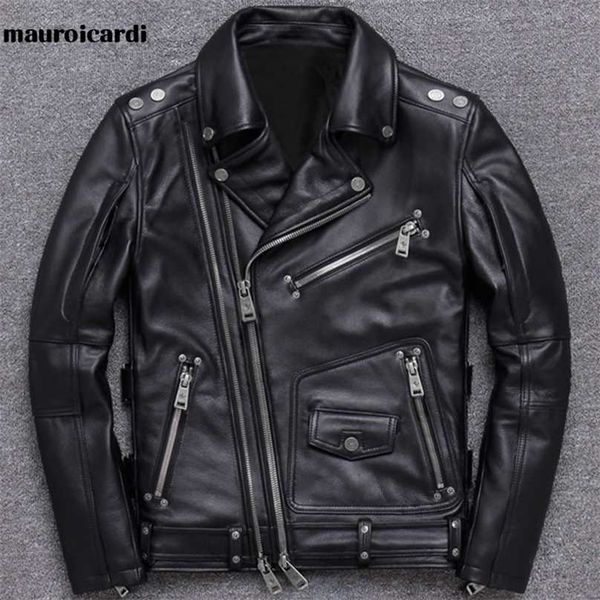 

mauroicardi spring black leather motorcycle jacket for men style long sleeve zipper pockets mens leather jackets and coats 211222