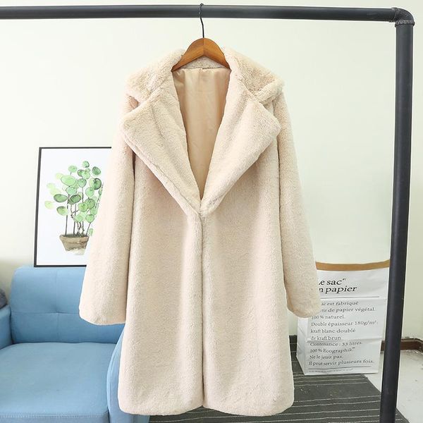 

2019 women's medium long coat faux fur lapel jacket female autumn winter warm plush loose plus size windbreaker elegant overcoat1, Black