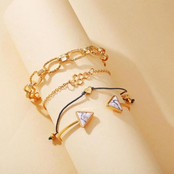 

charm bracelets 4pcs/set fashion creative retro geometric bracelet set marble pattern gold color bangles for women jewelry gift, Golden;silver