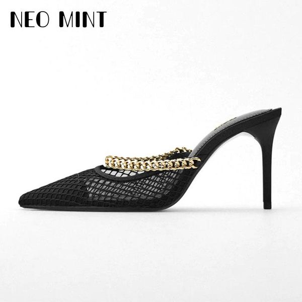 

women sandals hollow air mesh shoes thin high heels chain design slip on party pumps fashion sandals lace elegant shoes, Black