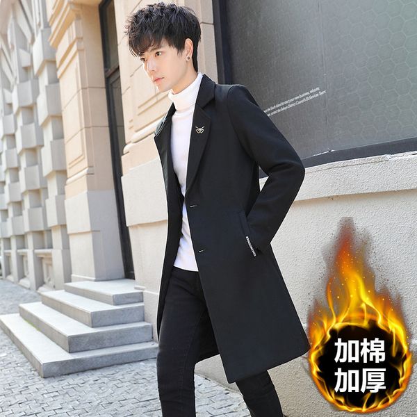 

windbreaker winter 2020 new mid long korean slim wool large men's with cotton jaet, Tan;black