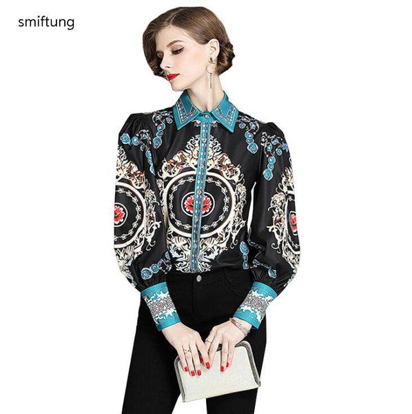 

wholesale smiftung fashion women's vintage shirt / spring & autumn printing black shirt / long sleeve lantern sleeve, White
