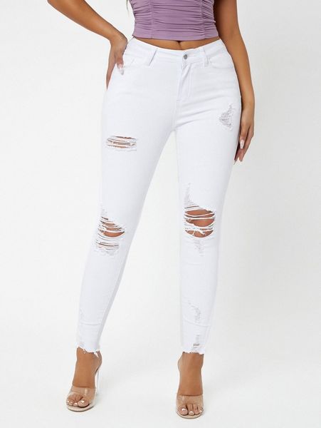 

sxy ripped raw hem skinny jeans s5ih#, Blue