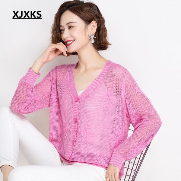 

women's knits & tees xjxks fall 2021 women thin sweater fashion v-neck single-breasted comfortable casual knitted cardigan jacket, White
