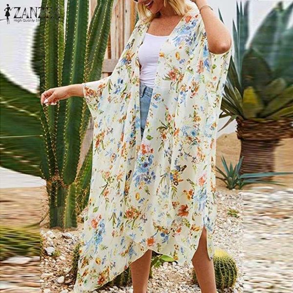 

2021 summer bohemian floral printed kimono cape cardigan zanzea chiffion blouse shirts women casual 3/4 sleeve tunic female, White