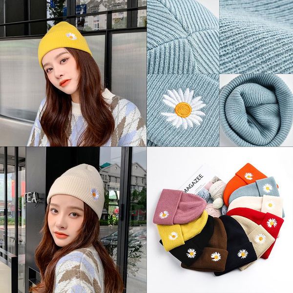 

beanie/skull caps sleckton fashion knitted beanie hats for women girls winter hat embroidery daisy melon bonnet solid gorros unisex, Blue;gray