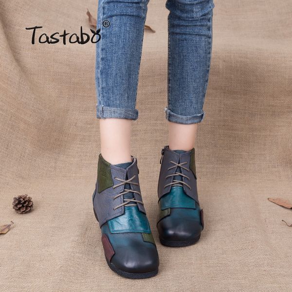 

tastabo 2018 fashion handmade boots for women ankle shoes vintage shoes folk style genuine leather women boots t200425, Black
