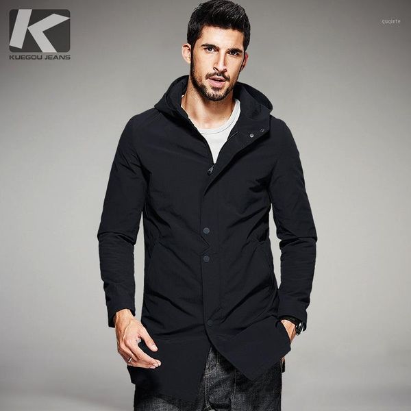 

kuegou 2017 spring mens casual trench black hooded long coats brand clothing man's slim overcoat male windbreaker plus size 81321, Tan;black