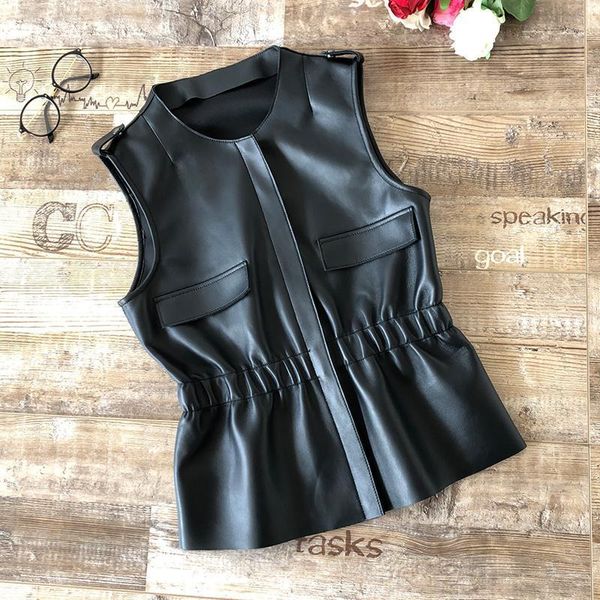 

2020 spring new womens sheepskin vest black leather vest elastic waist slim waistcoat womens short