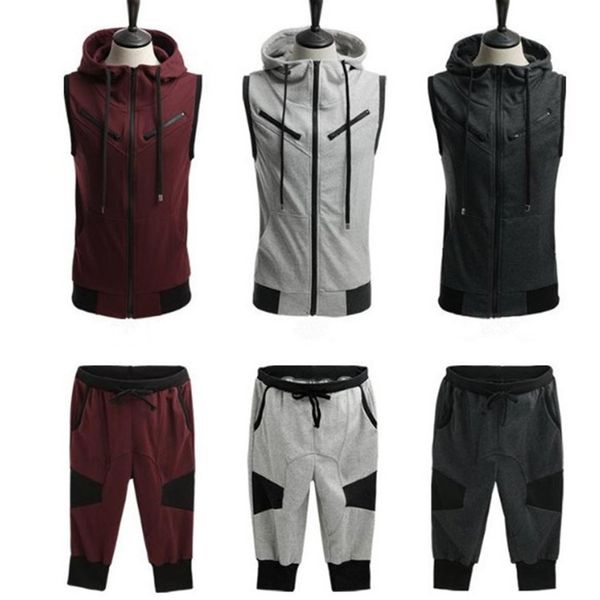

new mens tracksuit summer hooded sleeveless pants sets sport suit training gym fitness tracksuits running set, Gray
