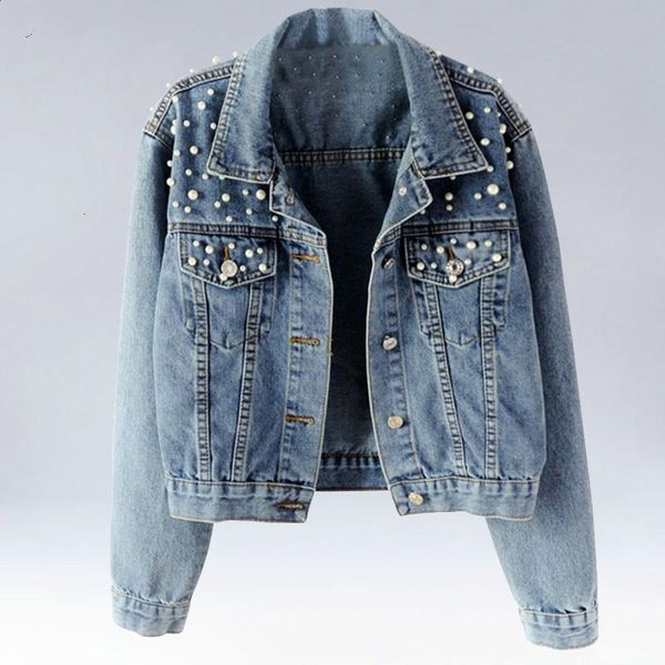 

2021 denim coat pearl beading short denim jackets women white wash long sleeve vintage casual jean jacket bomber plus size 5xl, Black;brown