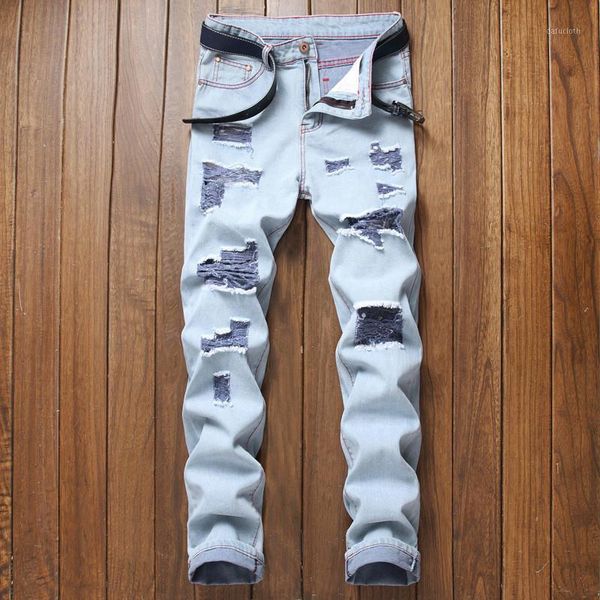 

moruancle mens destroyed jeans hi street ripped torn denim pants with holes ripped distressed jeans trousers streetwear1, Blue