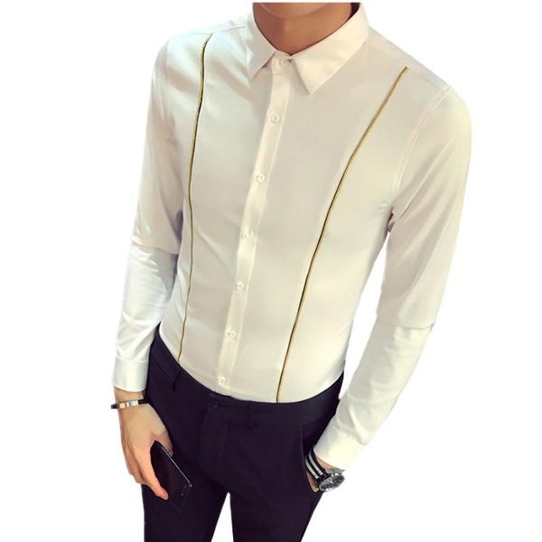 

autumn new men long-sleeved casual shirt black white lapel slim-fit shirts fashion gold striped decoration male bar leisure, White;black