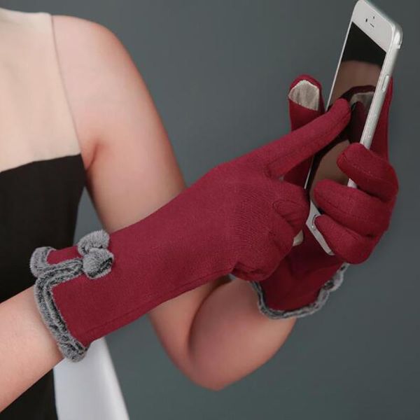 

five fingers gloves 1pair ladies winter windproof warm fleece padded lining touch screen bowknot five-fingers short, Blue;gray