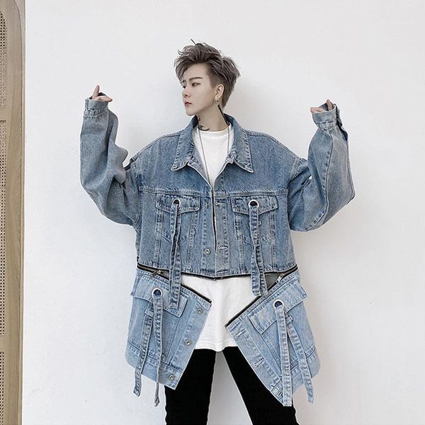 

harajuku ribbons detachable zipper denim jacket mens lapel streetwear oversize spliced washed jeans coat windbreaker casual, Black;brown