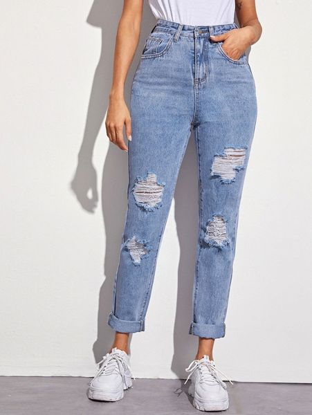 

high waisted ripped 5-pocket carrot jeans o7q4#, Blue