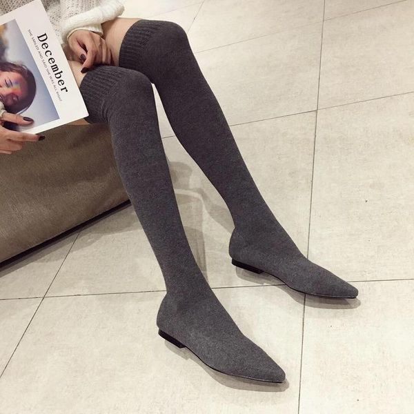 

boots 2021 spring flat over the knee knitted wool women's shoes socks pointed stretch thin, Black