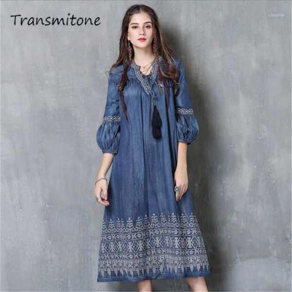 

women tassel dress vestido 2020 spring new denim vestidos v-neck three quarter lantern sleeve flower embroidery vintage dresses1, White;black
