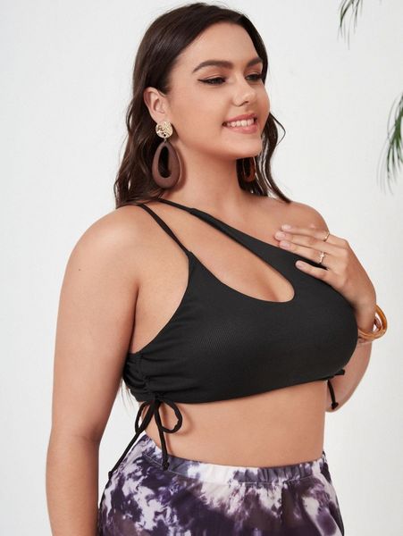 

plus rib one shoulder bikini t0nw#, Black