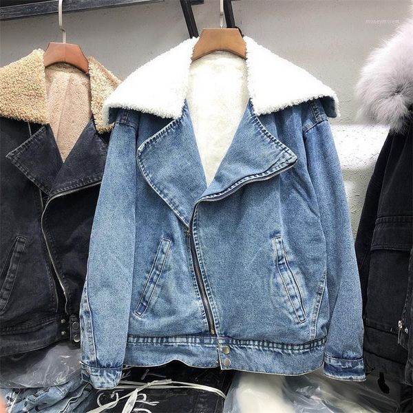 

women's jackets winter clothes casual jean jacket women velvet thickened warm overcoat large lapel loose zipper denim and coats1, Black;brown