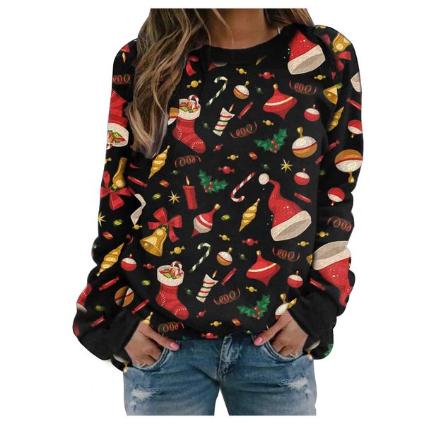 

women christmas colorful hoodies pullover long sleeve crew neck sweatshirt ladies autumn winter casual top, Black
