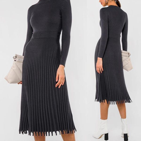 

6 color women long sleeve ribbed knit midi long sweater dress mock neck slim fit pleated flare high waist solid streetwear, White;black