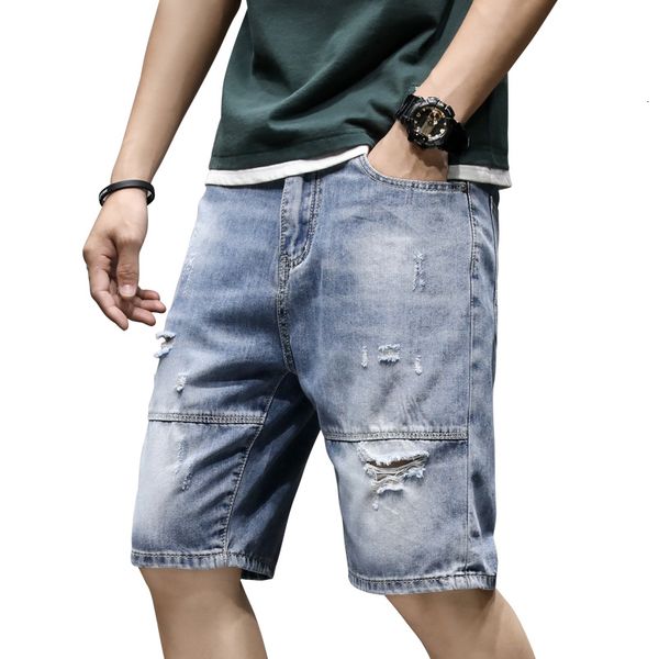 

2020 port style casual shorts men hole straight slim men's denim knee length fashion jeans, Blue
