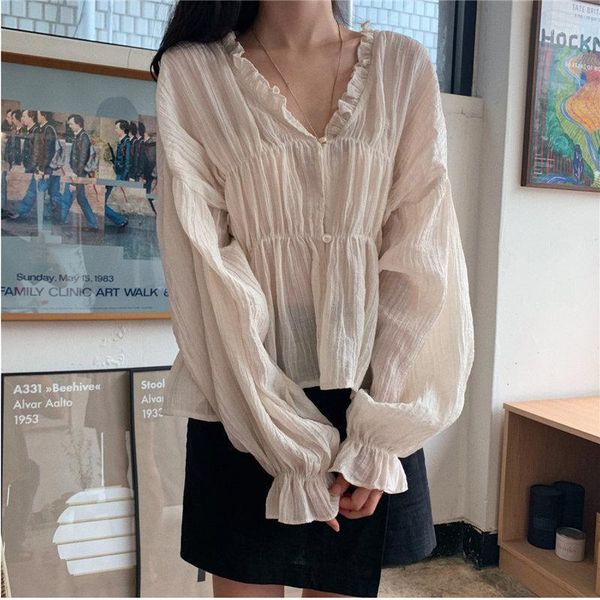 

cute prairie chic thin pleated lantern sleeves loose feminine waist-controlled ruffles blouses brief solid gentle shirts full1, White