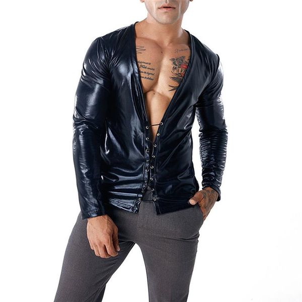 

t shirt new fashion mens long sleeve t shirt shiny silky leather t-shirts summer new casual stylish slim fit style tee, White;black