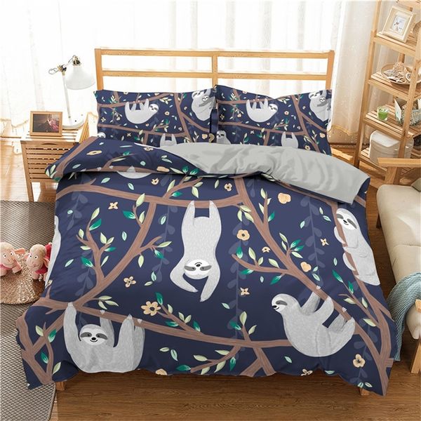 Zeimon desenhos animados conjunto de cama 3d preguiça impresso conjunto de cobertura de edredão 2/3 pc bedclothes com colchas de fronha para casa têxteis lj201127