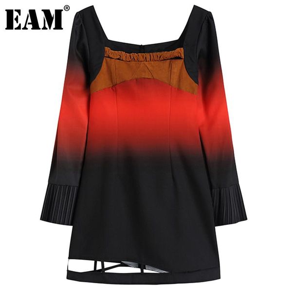 

eam] women gradual color hollow out pleated dress new square collar long sleeve loose fit fashion spring autumn 2021 1dd3161, Black;gray