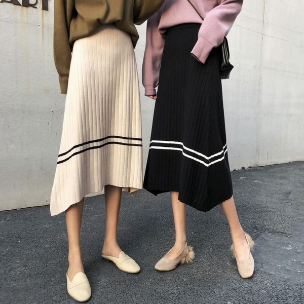 

осень зима вязаная юбка корейский шик линия полоса повседневная элегантные дамы юбки женские абрикос эластичные талии старинные юбка черные, Black
