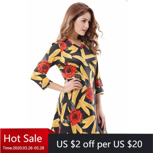 

2020 ukraine style women autumn floral dress t-shirt dress vintage 3/4 sleeve v neck casual rose a line mini dresses plus size, Black;gray