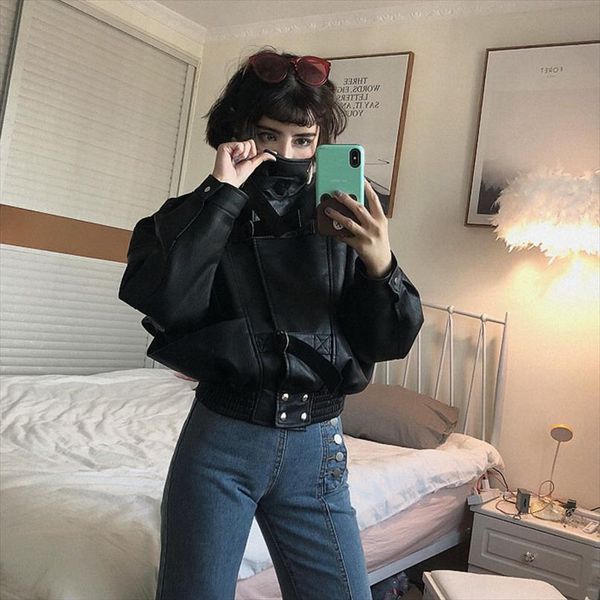 

oversize women faux leather jacket batwing sleeve moto biker coat short zipper pu black jacket spring street leather coat py102